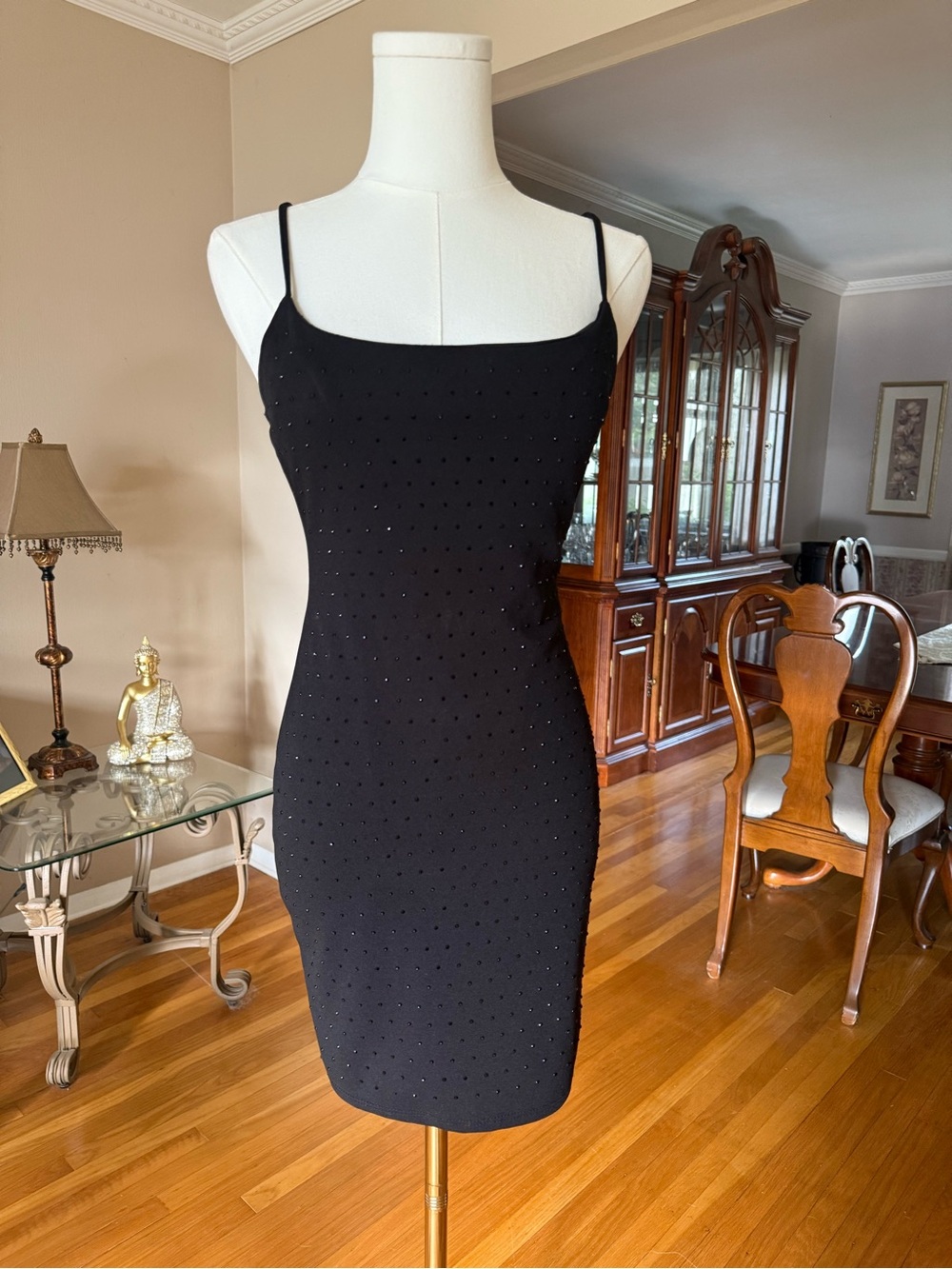 Black Embellished Spaghetti-Strap Mini Dress